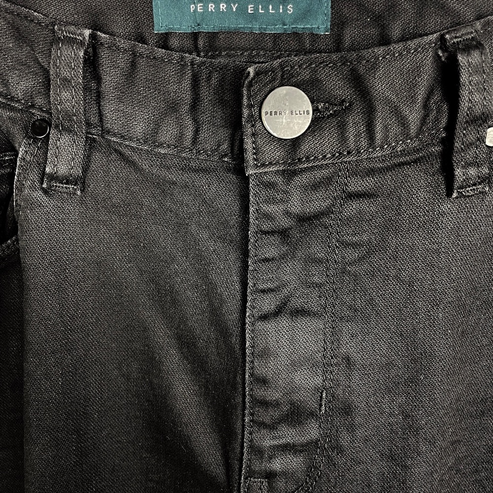 Perry Ellis Slim Fit Stretch Jeans Black Waxed-Look Straight Leg Size 36x30 Mens